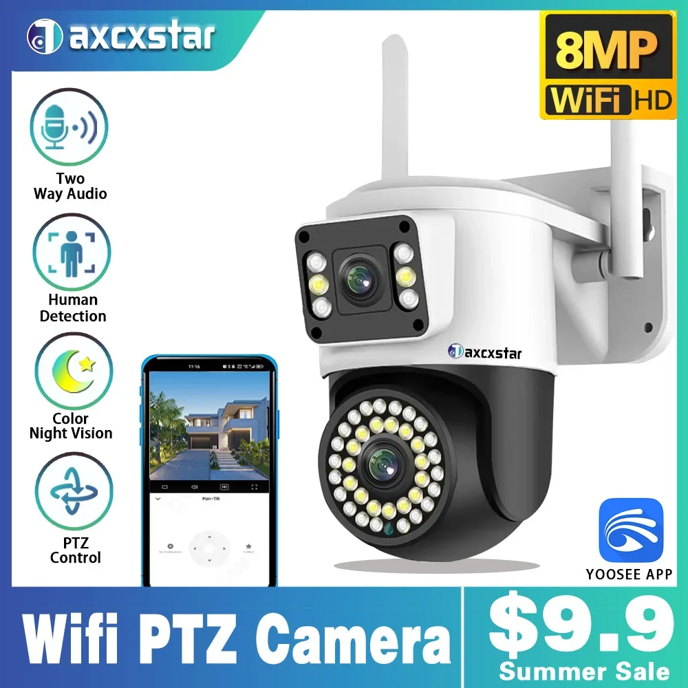 

4K 8MP HD YOOSEE IP Camera Dual Lens PTZ Wifi Camera Dual Screen Auto Tracking Two Way Audio Color Night Vision Security Camera