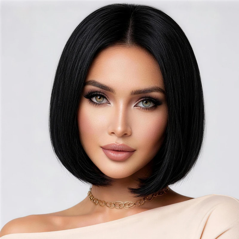 

12-inch synthetic black wig, center-parted short straight hair, elegant hairstyle, suitable for fashionable women.