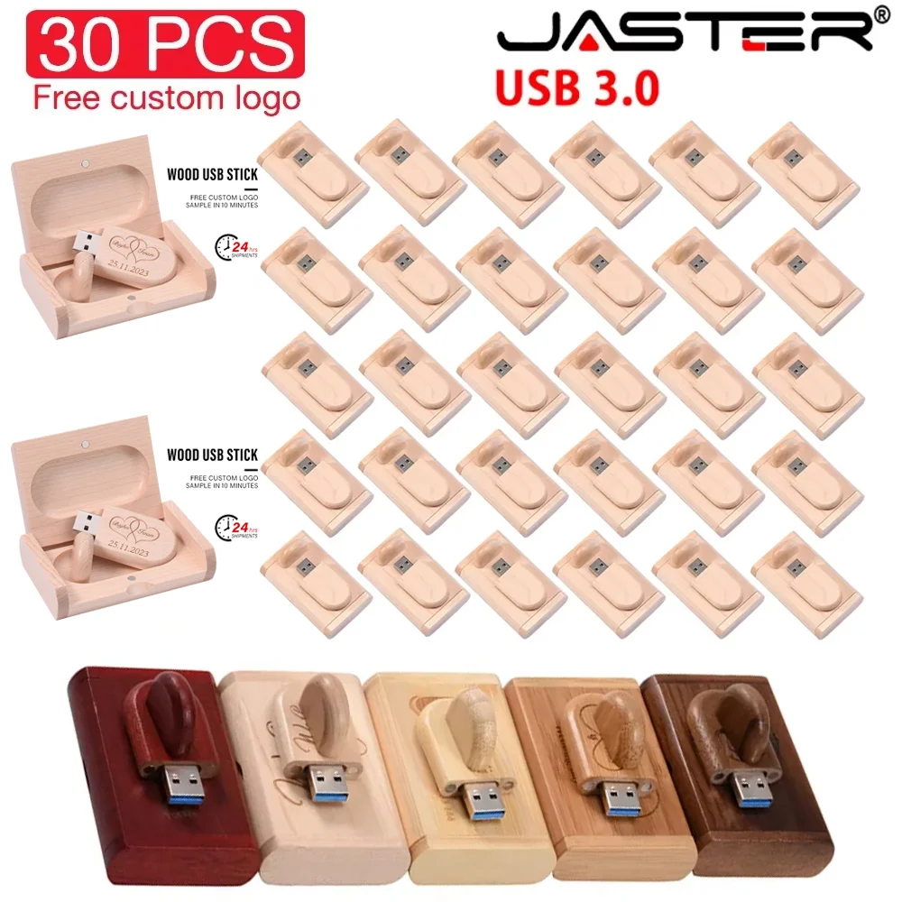 JASTER 30 PCS LOT Wooden USB 3.0 Flash Drives 128GB Free Custom Logo Memory Stick 64GB  Red Wood Creative Gift Pen Drive 32GB