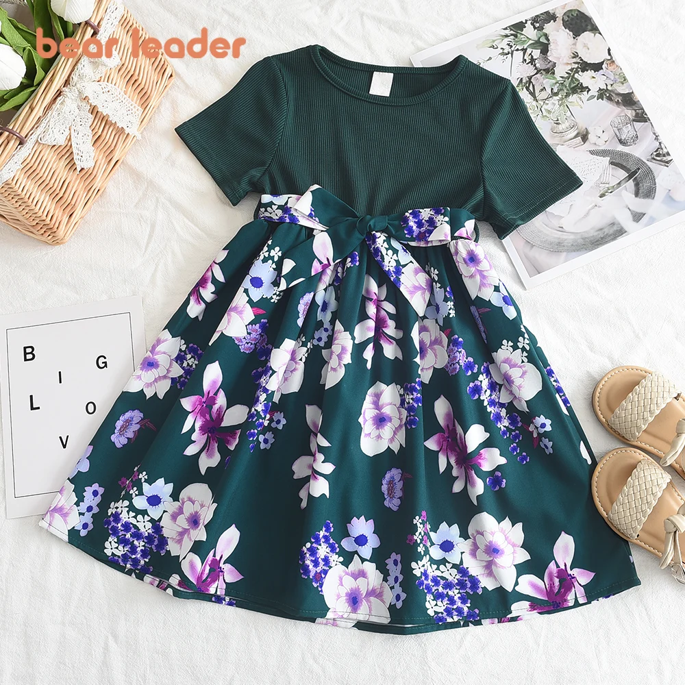 Bear Leader Girls Dress 2023 Summer New Green Patchwork Print Dress Short Sleeve Bowtie Design Girls Clothing