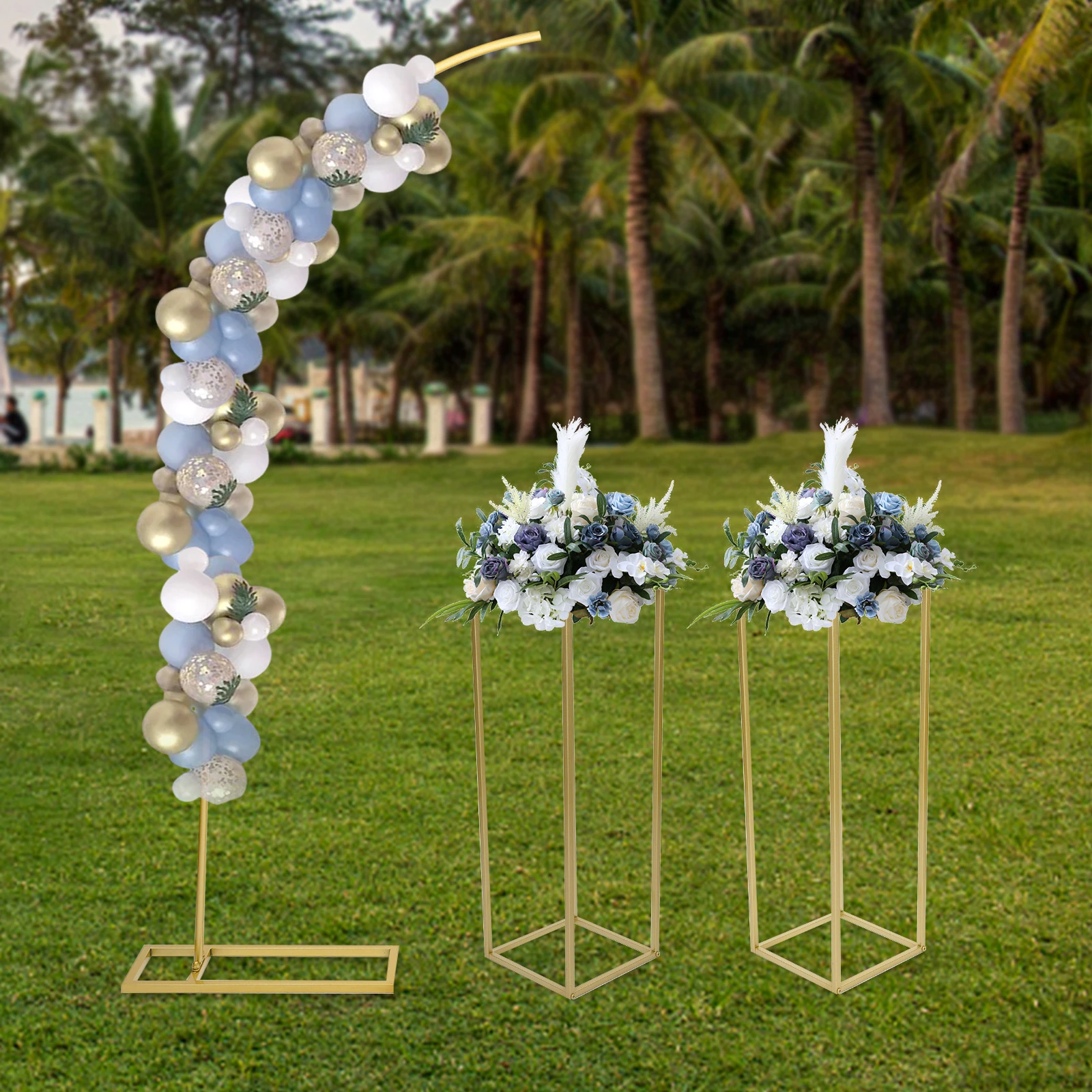 6.6FT Wedding Arches for Ceremony,Gold Curved Top Balloon Arch with 2 Flower Stands(31.5in)