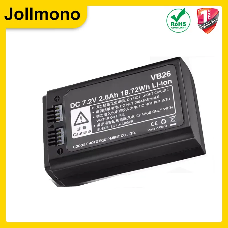 VC26 VB26 VB26A DC 2600mAh 18.76Wh USB Replacement Li-ion Battery Charger for Godox V860III V1S /C /N/F/O/P V860III N/C/S/F/O/P