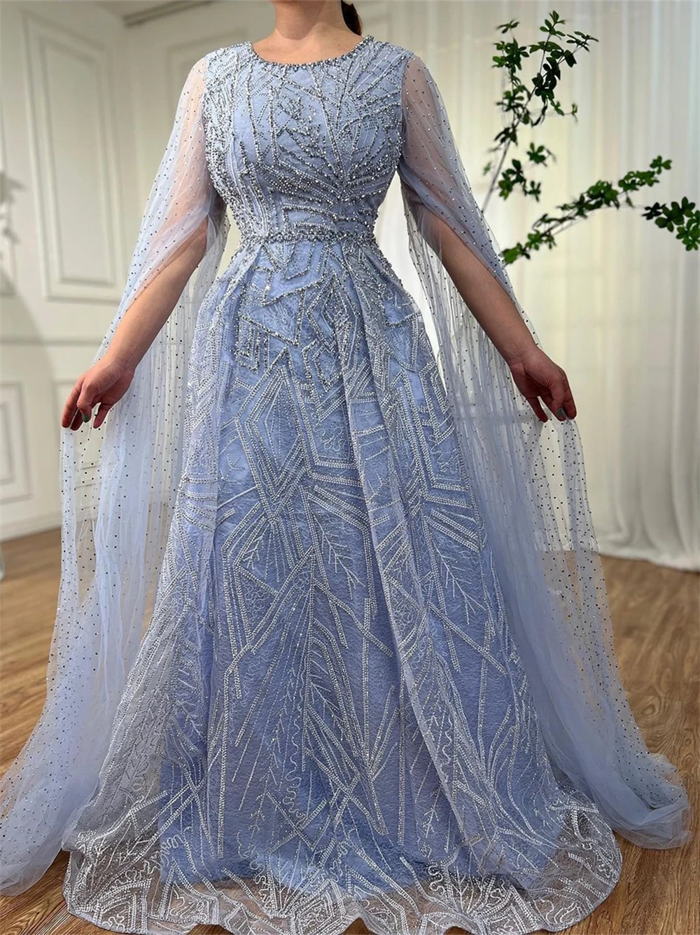 

Real Images Luxury Beaded Women Prom Dress with Long Cape Sleeves, A Line Blue Tulle Maxi Evening Dress High Quality Party Gown