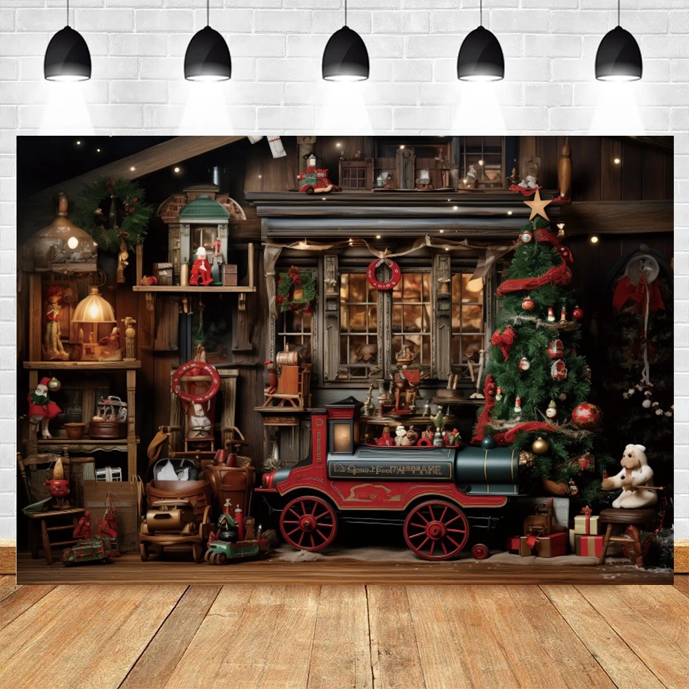 Santa Claus Workshop Backdrop Wooden House Present Wrapping Room Xmas Tree Gifts Photography Background Photocall Photo Studio