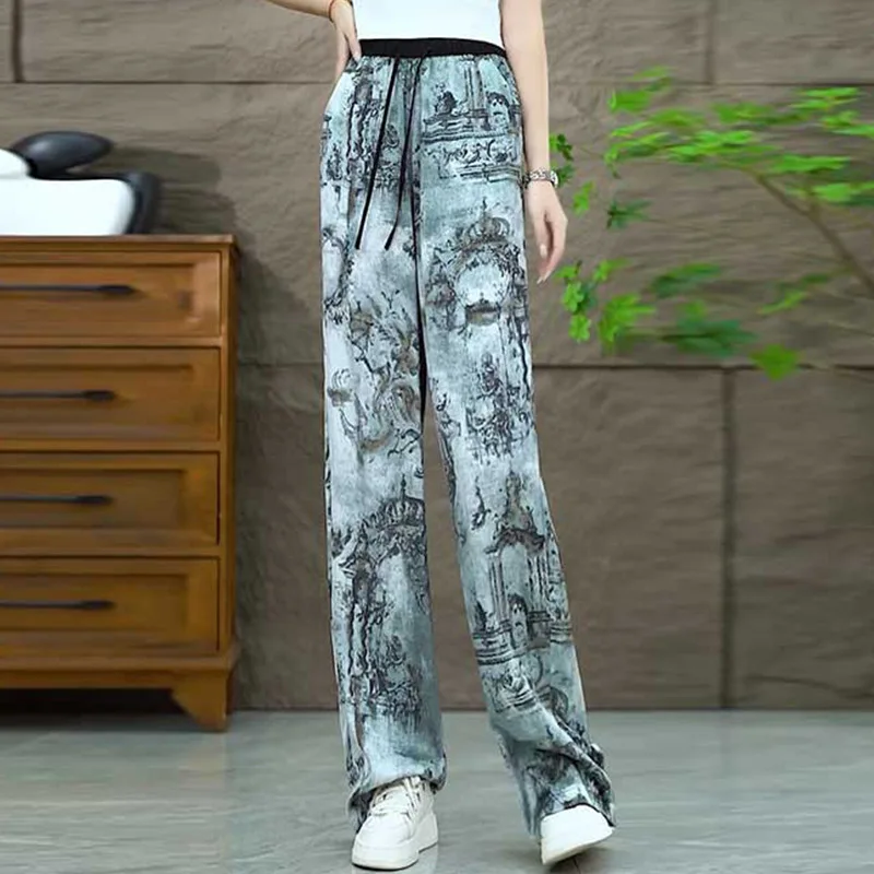 

Chinese Style Ink Painting Printing Ice Silk Wide-Leg Pants Women's Thin High Waist Drooping Narrow Straight Pants Fashion