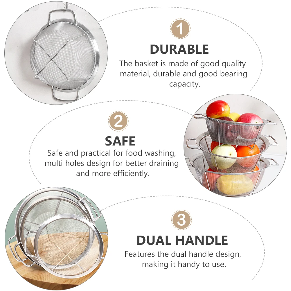 

1pc Stainless Steel Drain Basket Kitchen Food Washing Tool Fruit Vegetable Drainer Drying Container Dual Handle Household