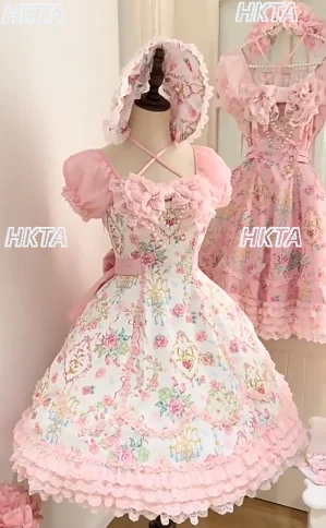 Sweet Lace Bow Pearl Square Neck Flower Wedding Print Slim Sling Lolita Dress Jsk Bubble Short Sleeve Shirt Top Girl Accessories