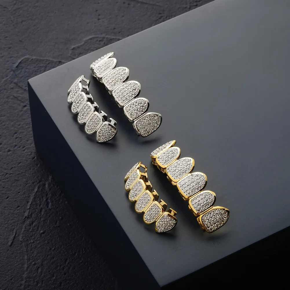 TOPGRILLZ Hip Hop Gold Color Plated Teeth Grillz Caps CZ Micro Pave Exclusive Luxury Top&Bottom Gold Grillz Set Ship From US