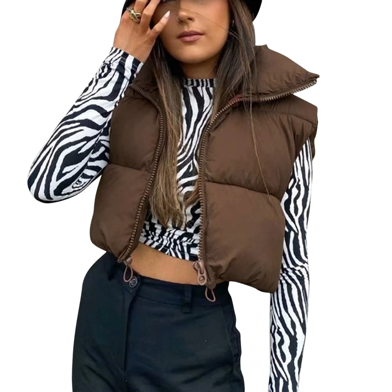 

Women Waistcoat Short Cotton-Padded Vests Coat Stand Neck Zipper Casual Party Loose Solid Warm Winter Fall Outerwear Streetwear