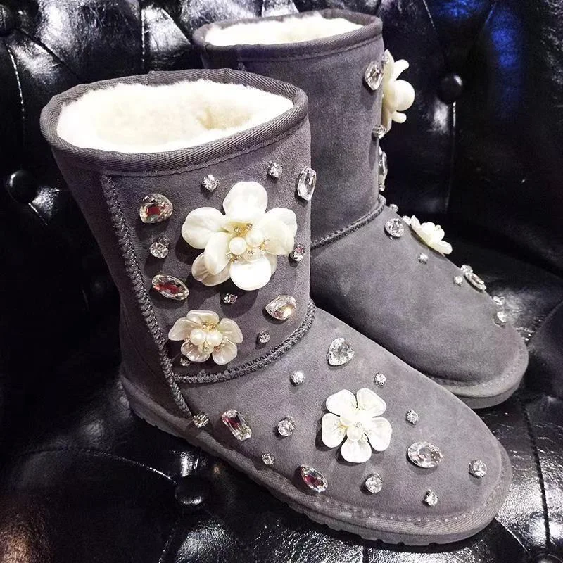 Pearl flower rhindiamonds banquet party fur one women's boots handmade custom grey thickened cotton shoes 35-39