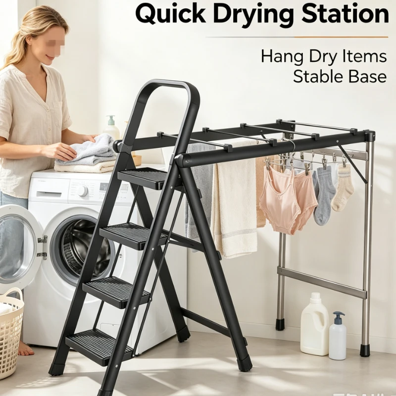 Multifunctional Folding Ladder With Drying Rack For Indoor Balcony And High Reach Tasks In Home Use