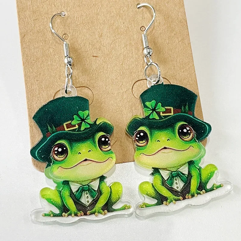 St. Patrick's Day Cute Panda Cat Dog Frog Bear Acrylic Earrings Lucky Clover Bowknot Earrings for Women Girls Fashion Jewelry