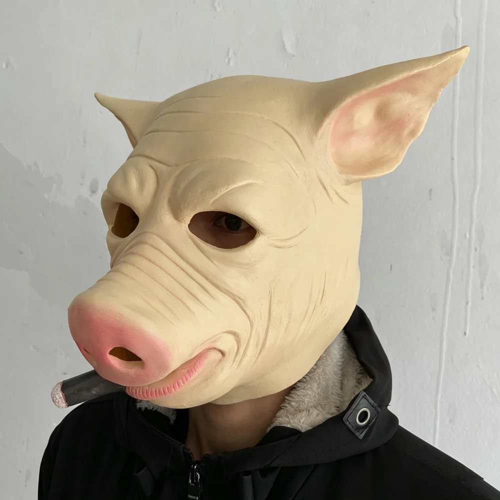 Lebensechte Schweinegesichts-Latexmaske mit dekorativer Zigarre, Tier-Vollkopfmaske, Karnevalsparty-Scherzkostüm-Accessoire für Erwachsene – Detail 3