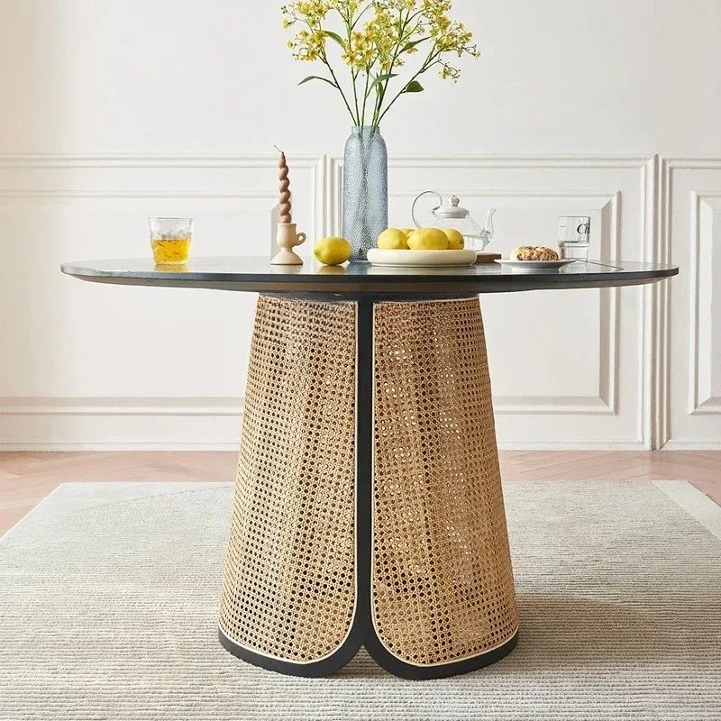 Nordic solid wood round table wabi-sabi wind household small apartment rattan circular dining table and chair combination,