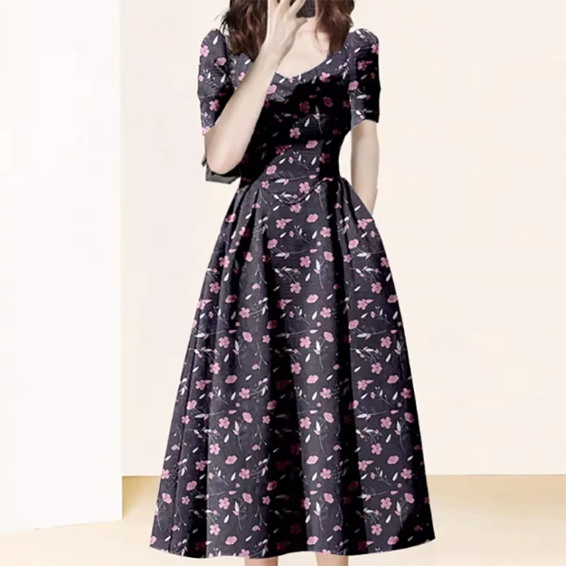 Fashion Square Collar Printed Pockets Folds Puff Sleeve Party Dress Women's Clothing 2024 Summer New Loose Elegant Floral Dress