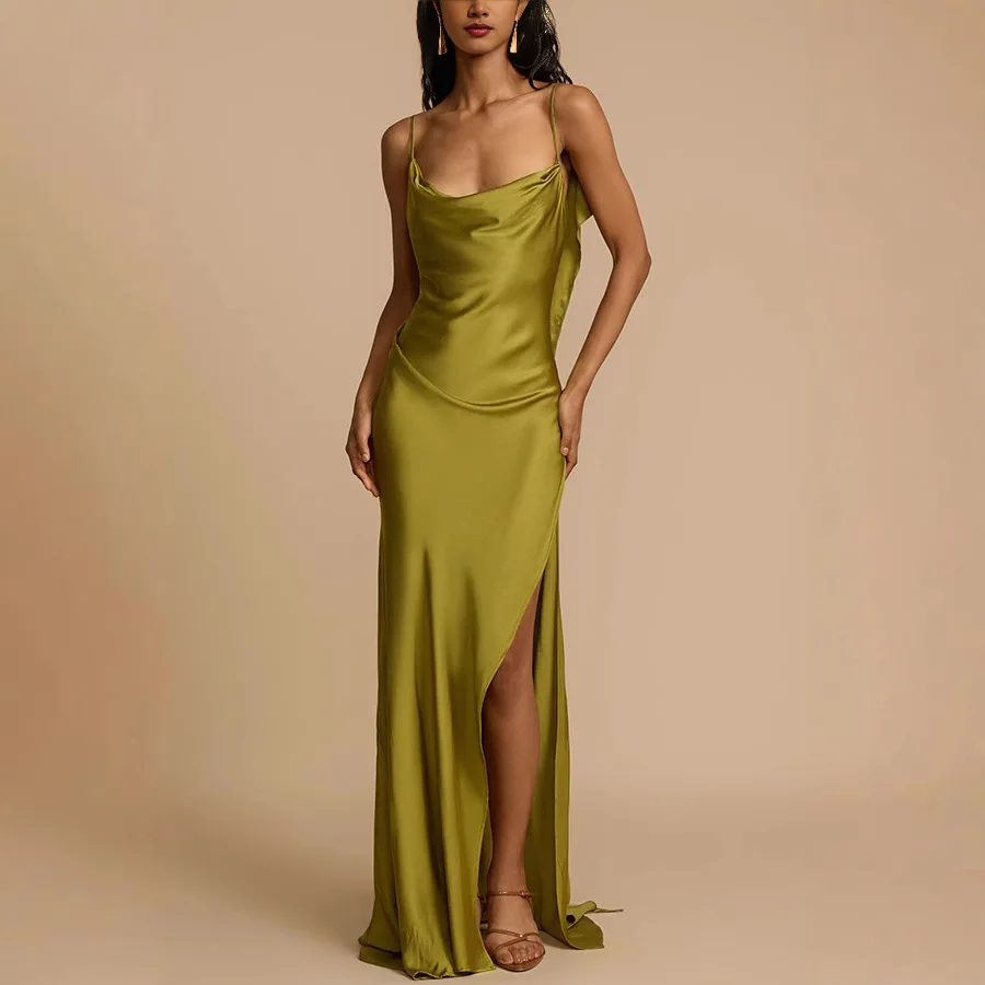 Summer Casual Dresses Elegant Ladies Green Sexy Deep Backless Women Slim Party Dress Sleeveless Vintage Solid Maxi Dress Vestido