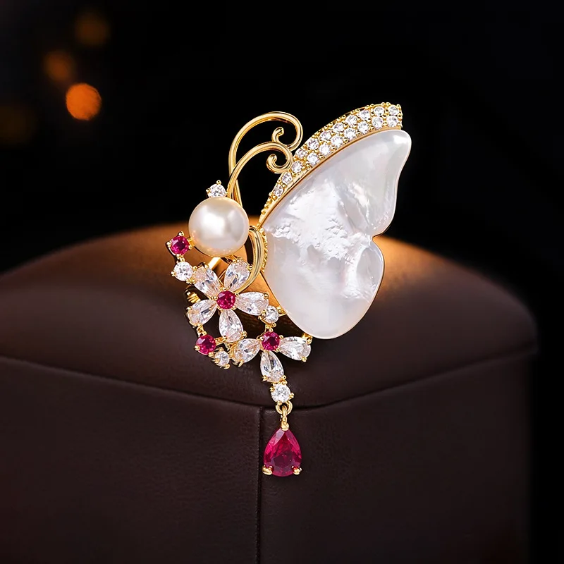 Chinese Style Natural Mother Of Pearl Butterfly Brooch Colorful Zircon Pearl Tassel Lucky Auspicious Pin Jewelry For Coat Suit