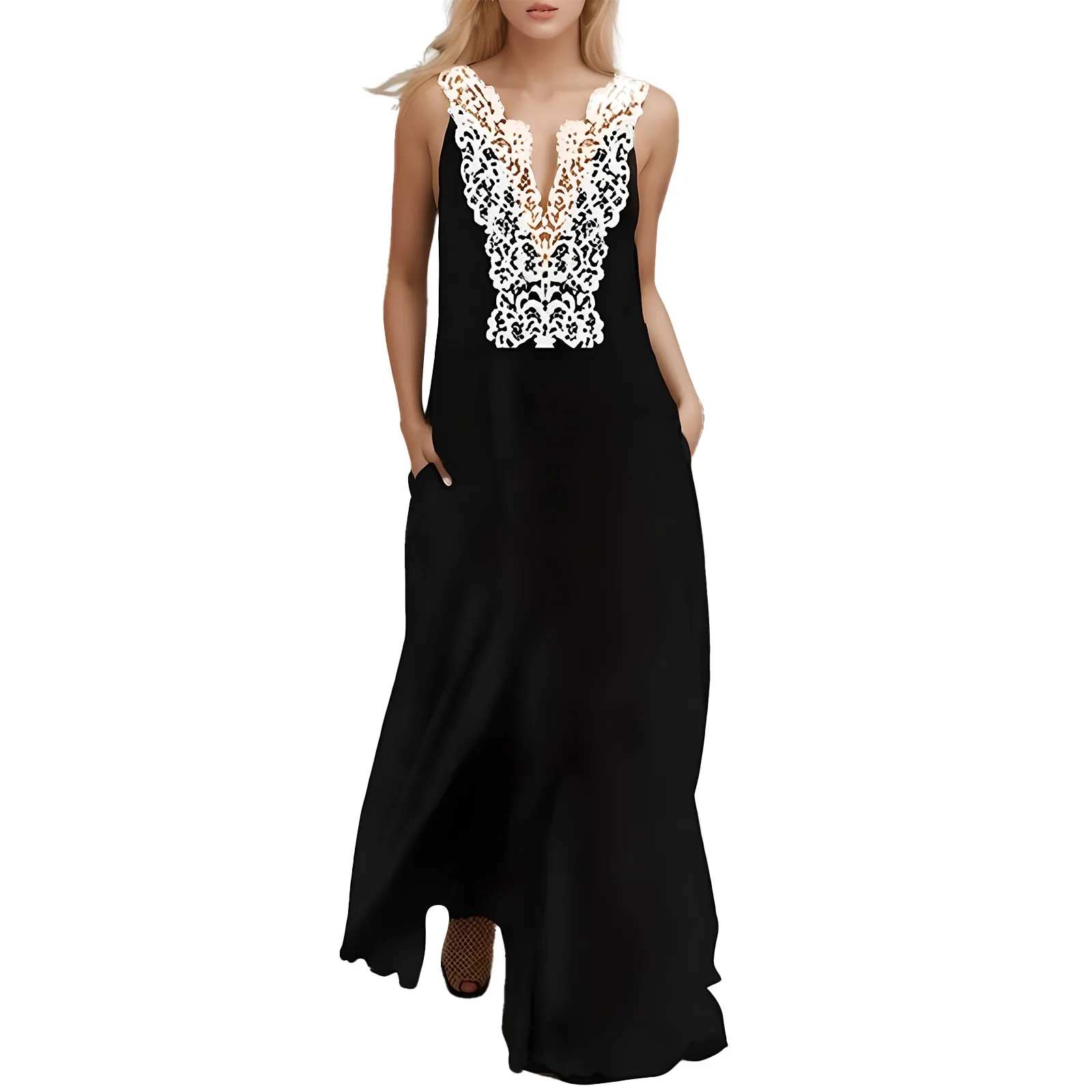 

Sexy V-Neck Splicing Lace Dress Women Sleeveless Vintage Casual Maxi Dresses Printed Black Elegent Backless Dress Female New