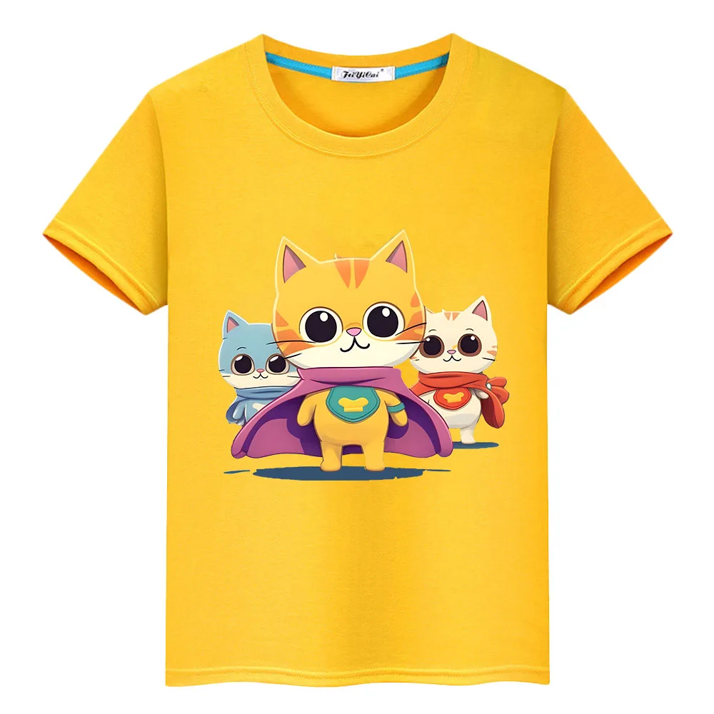 Camiseta fofa super gatinha 100% algodão, tops com estampa curta, camisetas casuais de anime para crianças, roupas para meninos e meninas, Y2K, 1 pc, verão