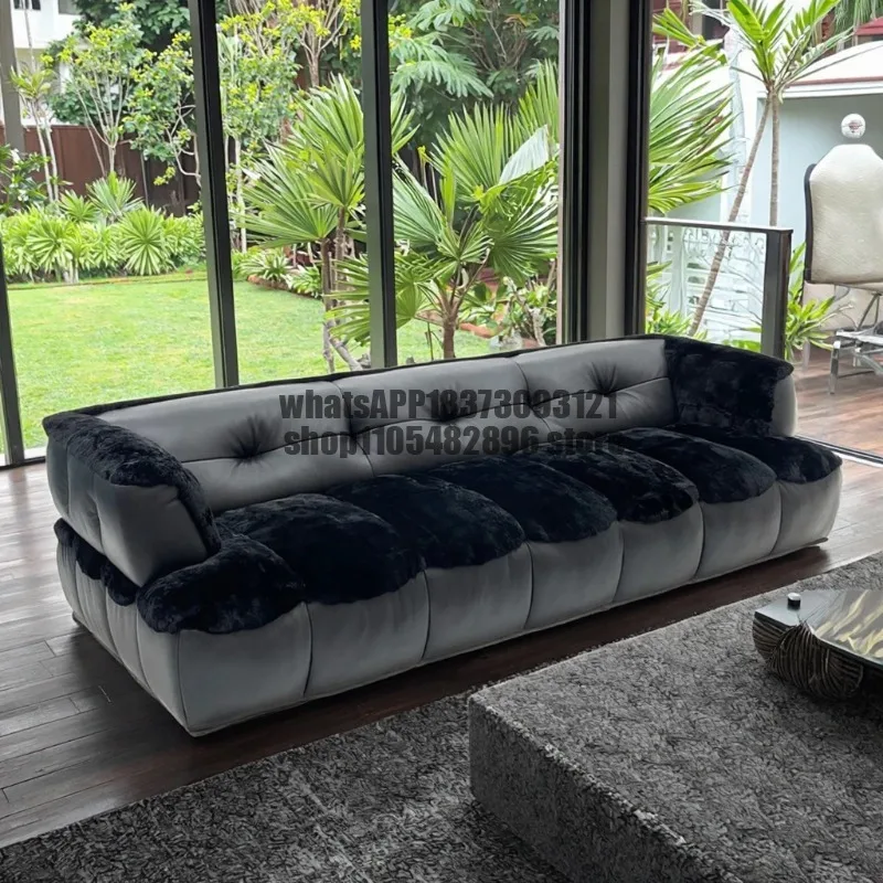 Original design high rebound foam filled top pattern cowhide fur cover transparent acrylic feet Russian pine living room sofa