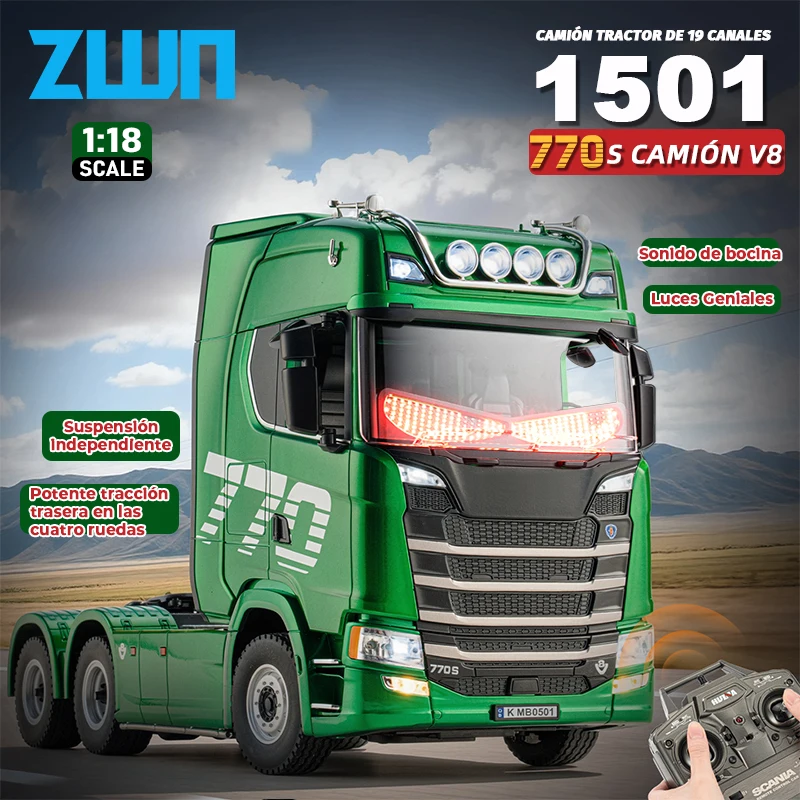 Camión RC HUINA 1501 770S 2.4G 1:18 con Sonido y Luz Demon Eye, Coche de Control Remoto de 19 Canales, Modelo de Camión Pesado de Aleación con Remolque, Juguete para Niños