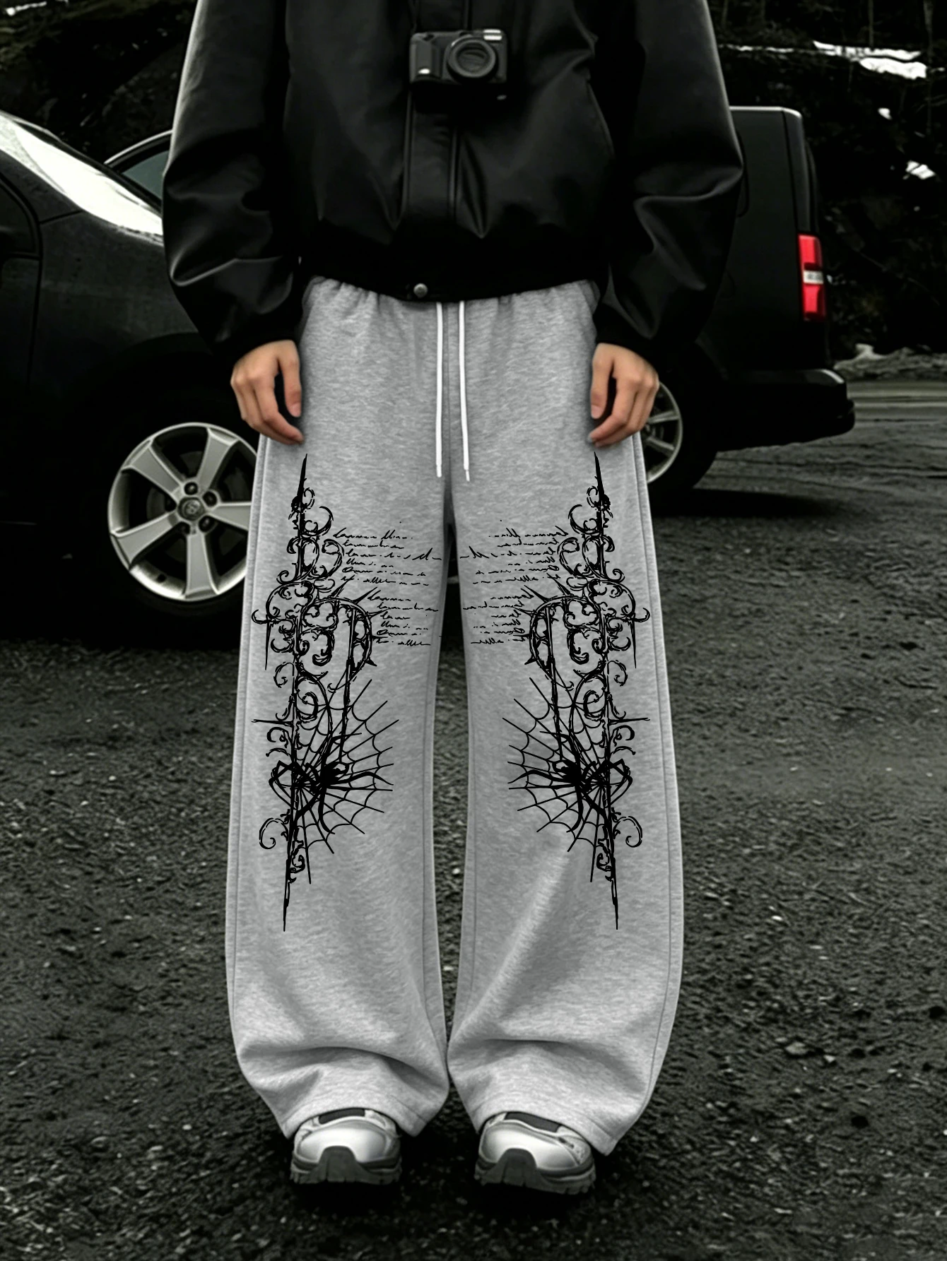 Men Y2K Dark Streetwear Sweatpants, Gothic Spider Web Vintage Script Symmetrical Double Side Print Drawstring LooseWideLegJogger