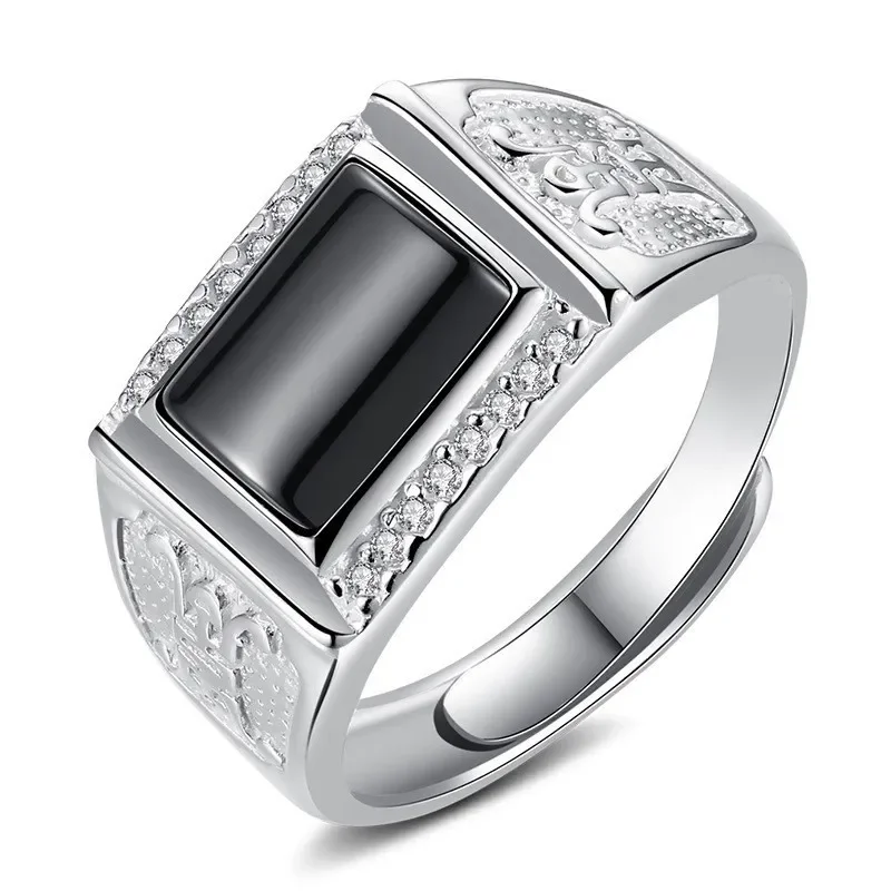 Imitation Obsidian Ring Men Business Fashion Domineering Big Black Stone Diamond Simple Trend Wide Open Adjustable Band