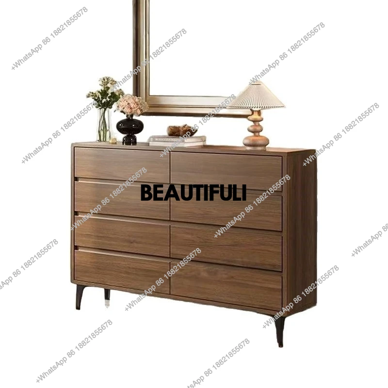 Solid wood eight-bucket drawer side cabinet, chest cabinet, living room against the wall, black locker