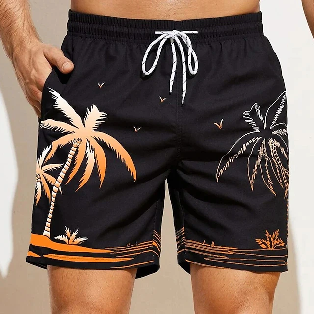 

Men's Hawaiian Palm Tree Print Swim Trunks, Quick Dry Beach Shorts With Drawstring, Summer Vacation Board Shorts For Surfing