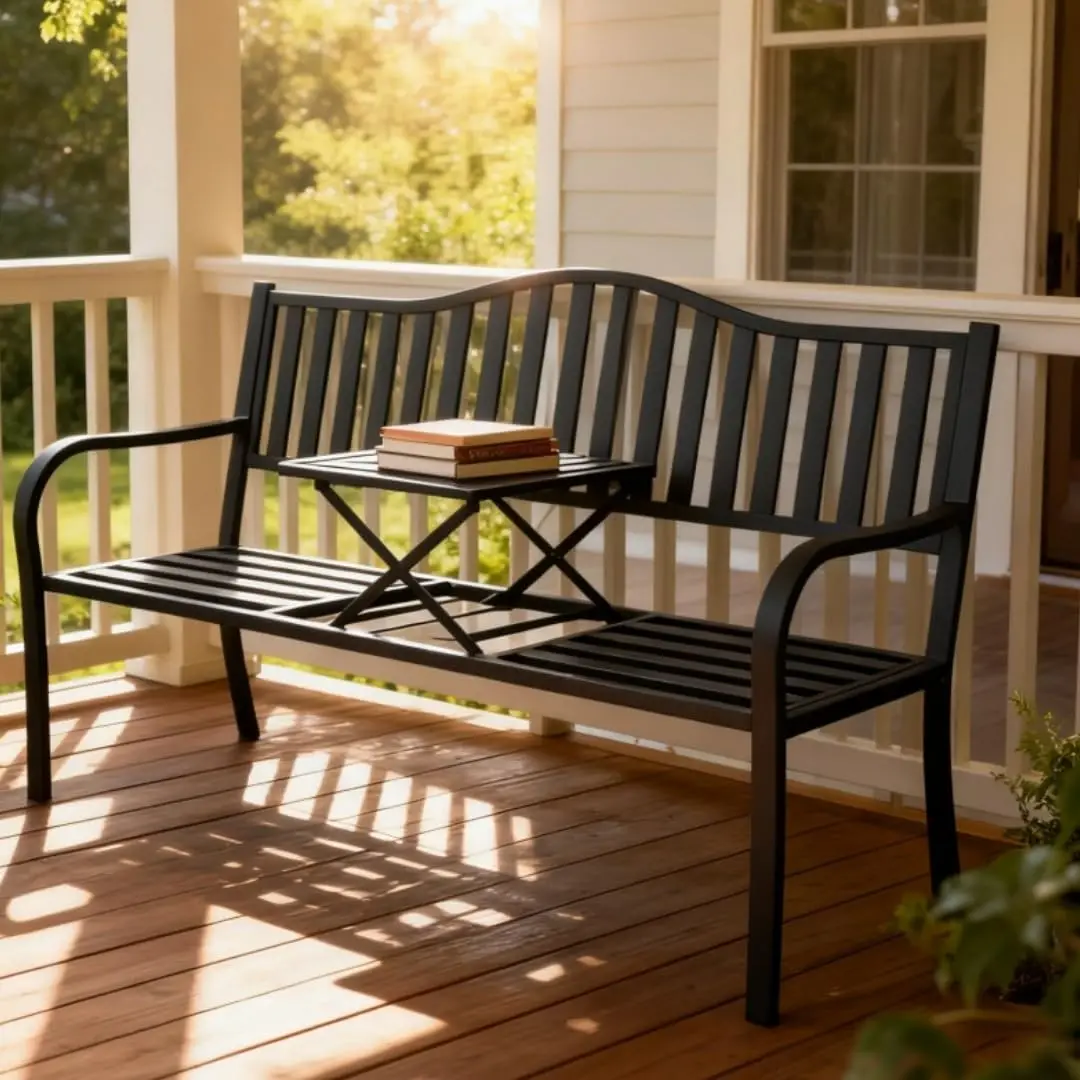 Outdoor Bench for Porch, Lawn, Garden, Yard - Metal Frame, Black - Comes with a Small Table