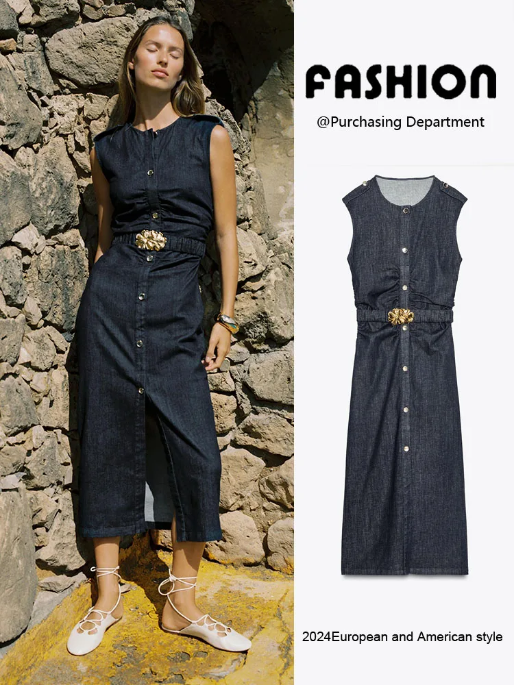

Summer New Women's Svel Single Button Denim Midi Dr with Belt ZA2025 Ele Faionable Casual Dr