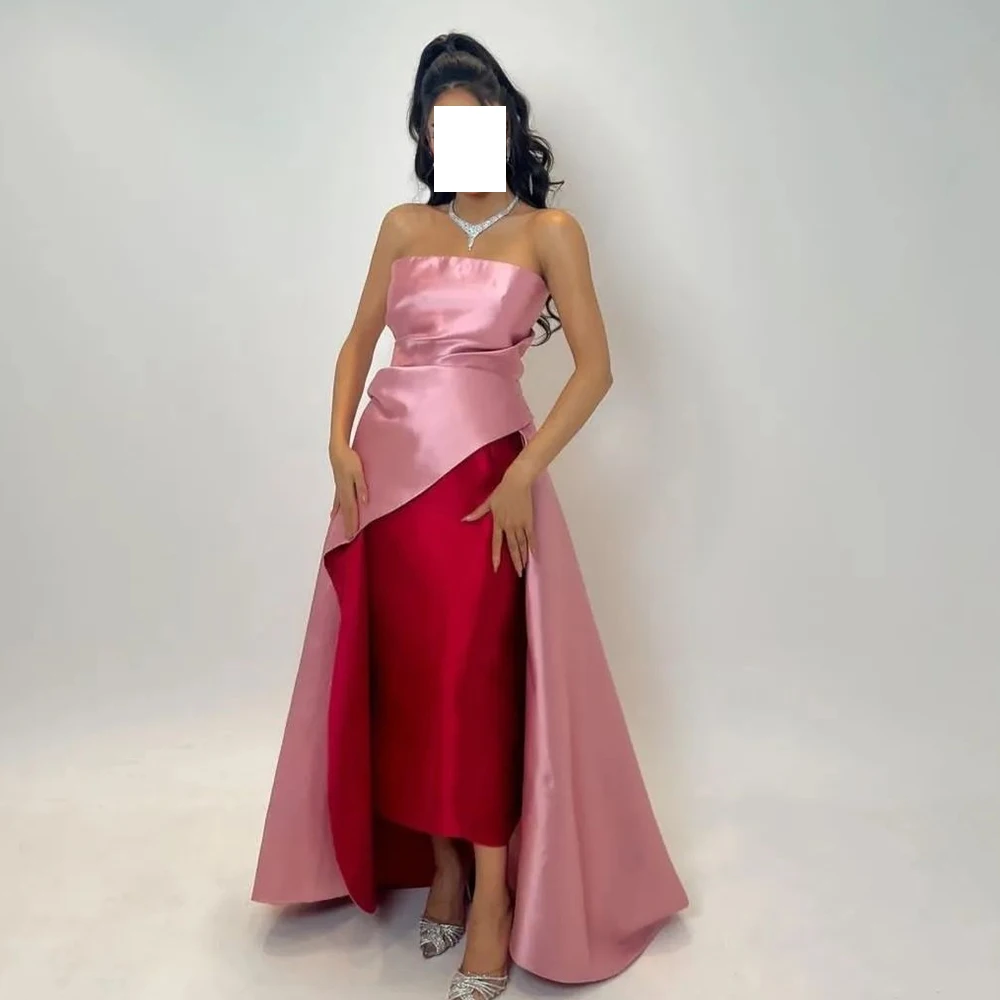 

Saudi Arabia Evening Gowns Straight Strapless Satin Sleeveless Floor Length Pleats Fashion Dresses For Formal Occasions Classic