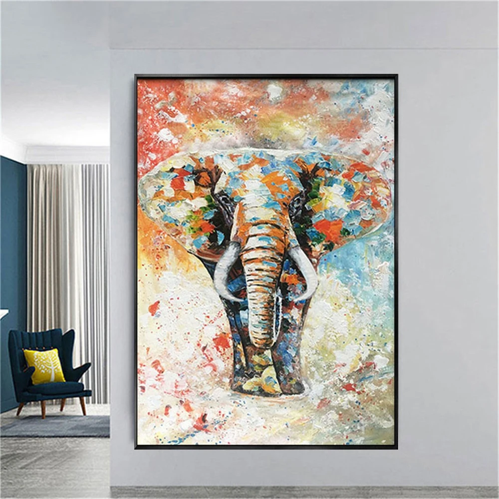 

Modern Living Room Decor Poster 100% Hand-Painted Oil Paintings Animal African Elephant Colorful Texture Canvas Picture Artwork