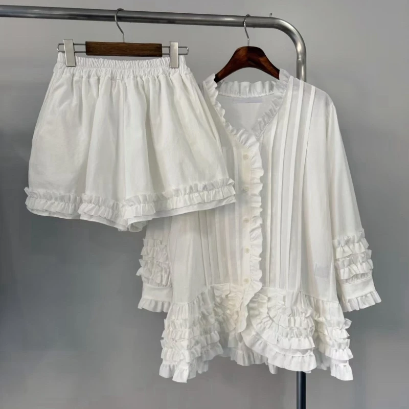 

Korean Designed Summer White Two-piece Sets Women's New Pleated Ruffles Shirt and High Waisted Wide Leg Shorts Matching Outfits