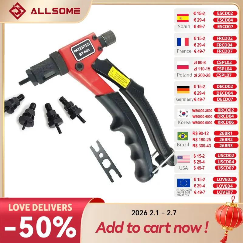 ALLSOME manual Riveter Gun, Mão Rivet Tool Kit, Ferramenta de configuração Nut, Nut Setter, M3, M4, M5, M6, BT-603