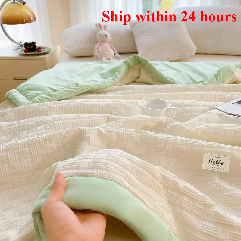Washed waffle wide hemming soybean summer quilt cloud cotton summer quilt solid color simple air conditioner quilt