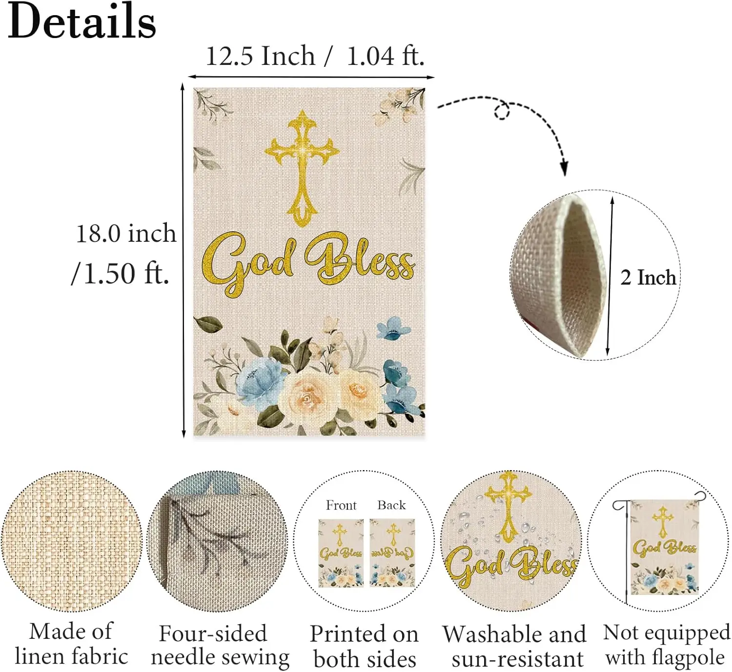 Gold God Bless Garden Flag - Cross First Communion Baptism Baby Shower Garden Flag - 1st Holy Communion, Baby's Christenings