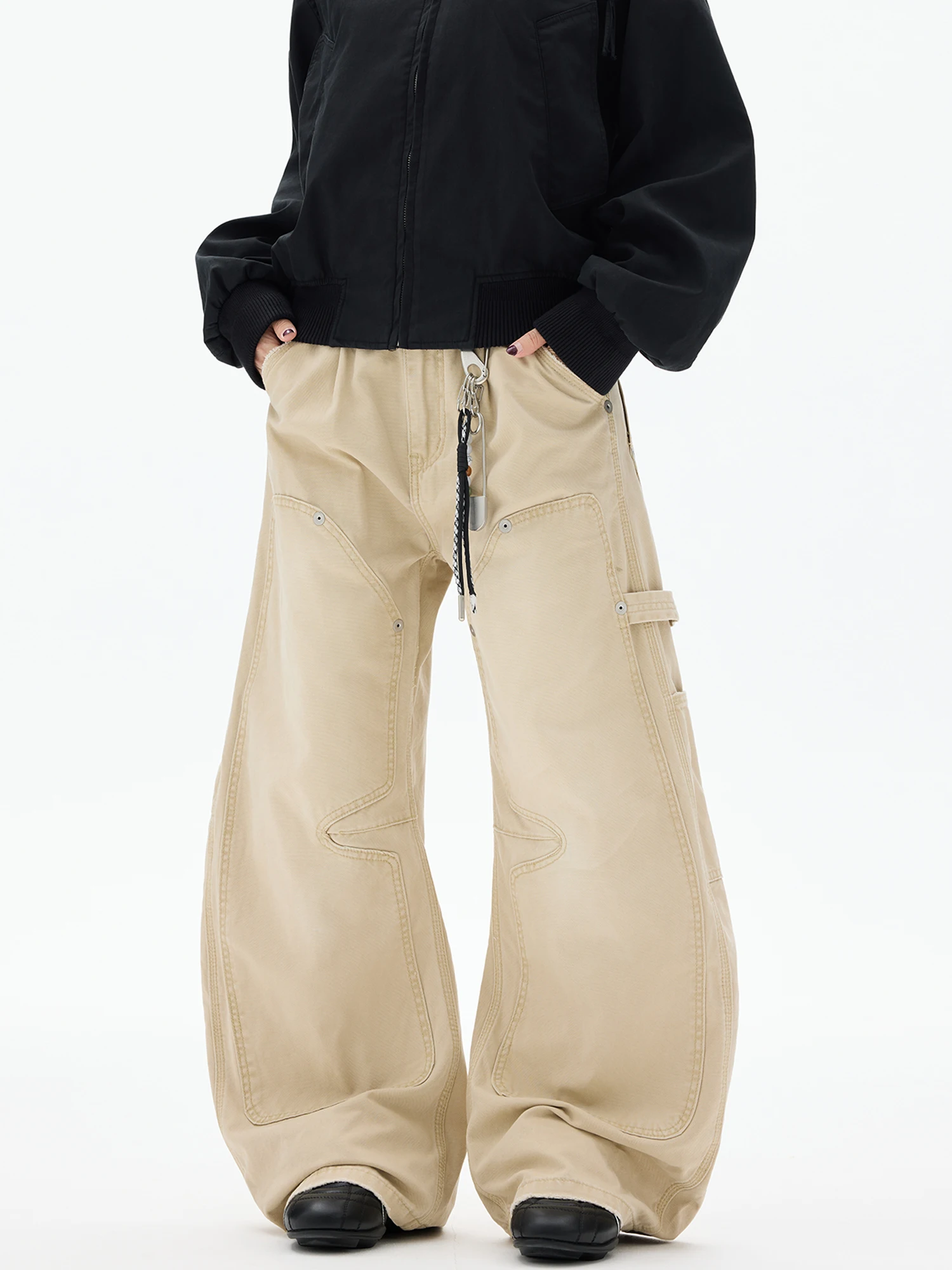 

Retro American High Street Design Wide Leg Scythe Jeans Men Women Splicing Vintage Style Casual Jeans for All Seasons