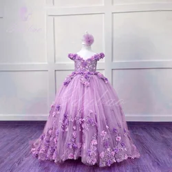 Pink Purple Applique Flower Girl Dresses For Wedding Luxury Puffy Tulle Kids Birthday Party Princess Ball Gowns Pageant Dress