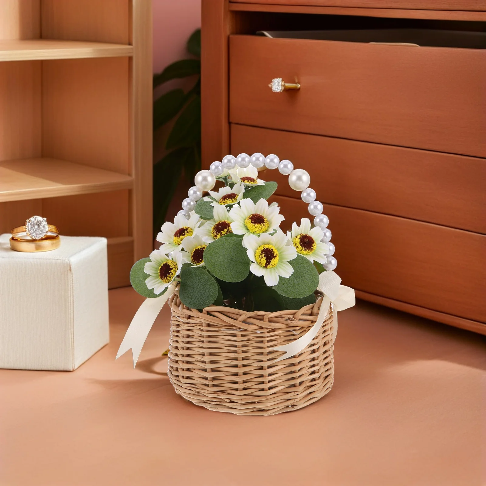 

1 Wedding Flower Girl Basket with Gold Trim Handle Shiny Sequin Design Small Basket for Bridal Party Ceremony Use