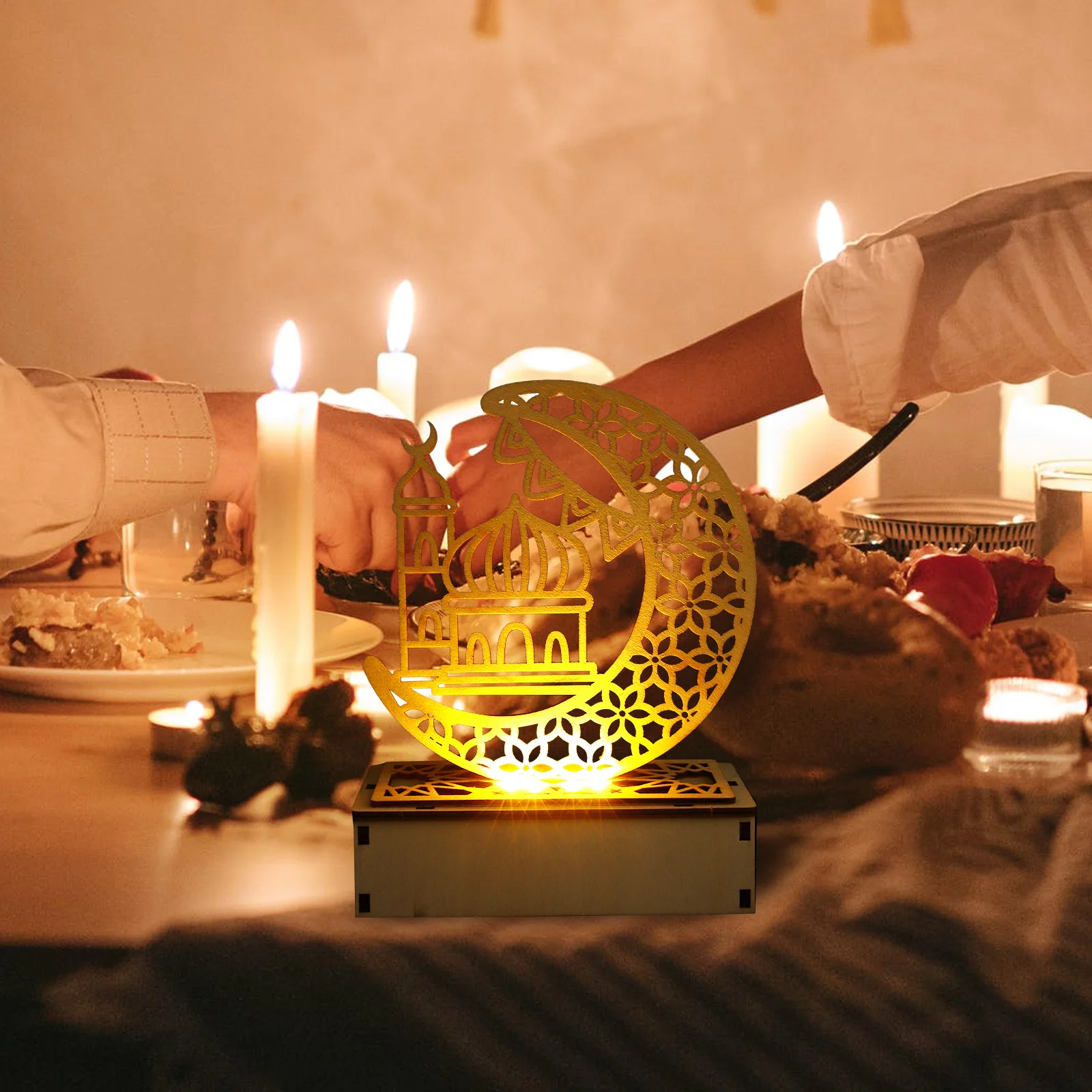 

Creative Moon LED Light Ornaments Wooden Eid Mubarak Night Lamp Decoration Ramadan Festival Home Party Desktop Gift