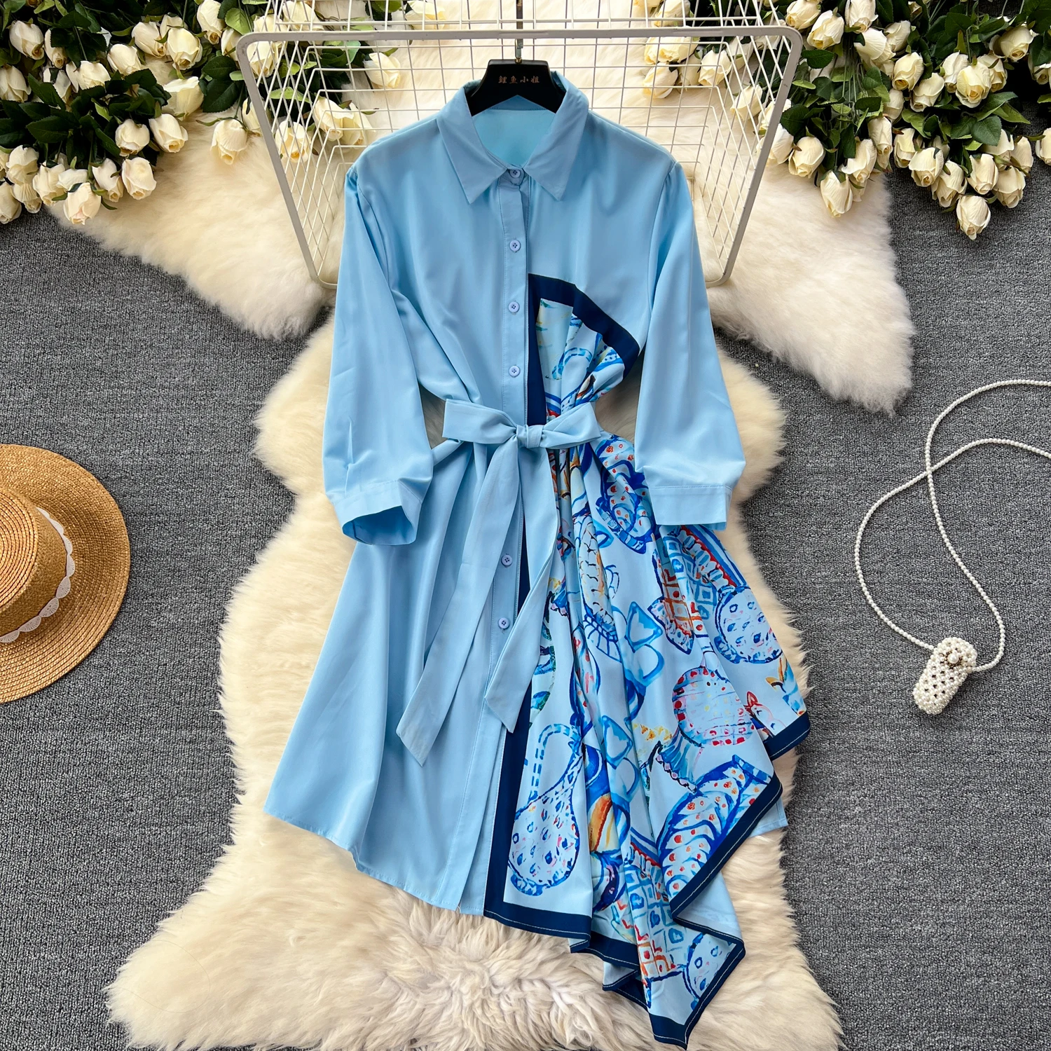 French Vintage asymmetrical PATCHWORK Dress A-Line Casual Women Elegant Fashion Turn-down Collar Summer Ceremonial Dresses