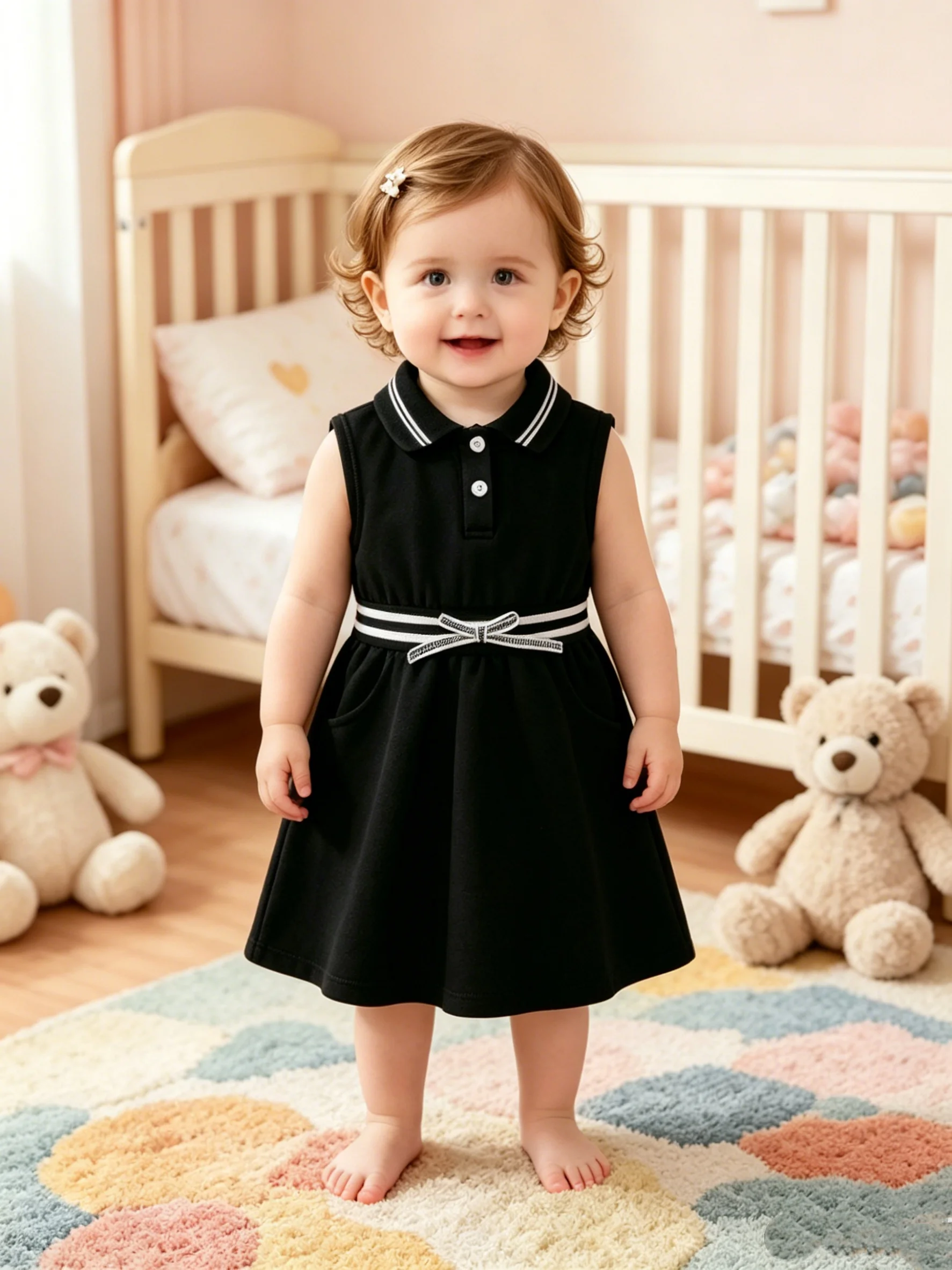 Girls Summer Sleeveless Polo Dress Black Bottom White Edge Butterfly Knot School Style Children's A-Line Skirt