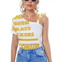 Cheese Beer Brats Packers..Wisconsin Women V Neck T-Shirt Casual Sexy T Shirts Hollow Out Zipper Pullover Top Green Bay Green