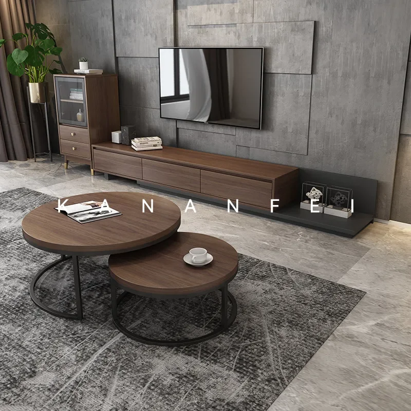 

Kananfei modern simple rock slab TV cabinet combination solid wood floor walnut light luxury household living room coffee table