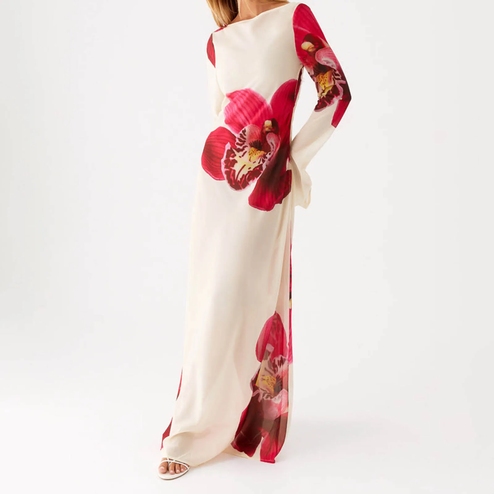 Women's Floral Print Patchwork See Through Long Dress Boat Neck Long Sleeve Slim Fit Sheer Mesh Dress for Summer Beach