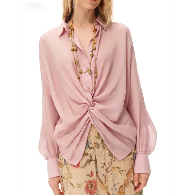 

Withered Small niche V-neck loose twisted shirt with wide sleeves and slightly transparent casual shirt top Woman Clothes Shirts