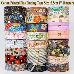 New Printed Cotton Bias Tape 25mm X 10meters Ribbon Fabric Welt Cloth Twill for DIY Garment Sewing Edge Serging Material