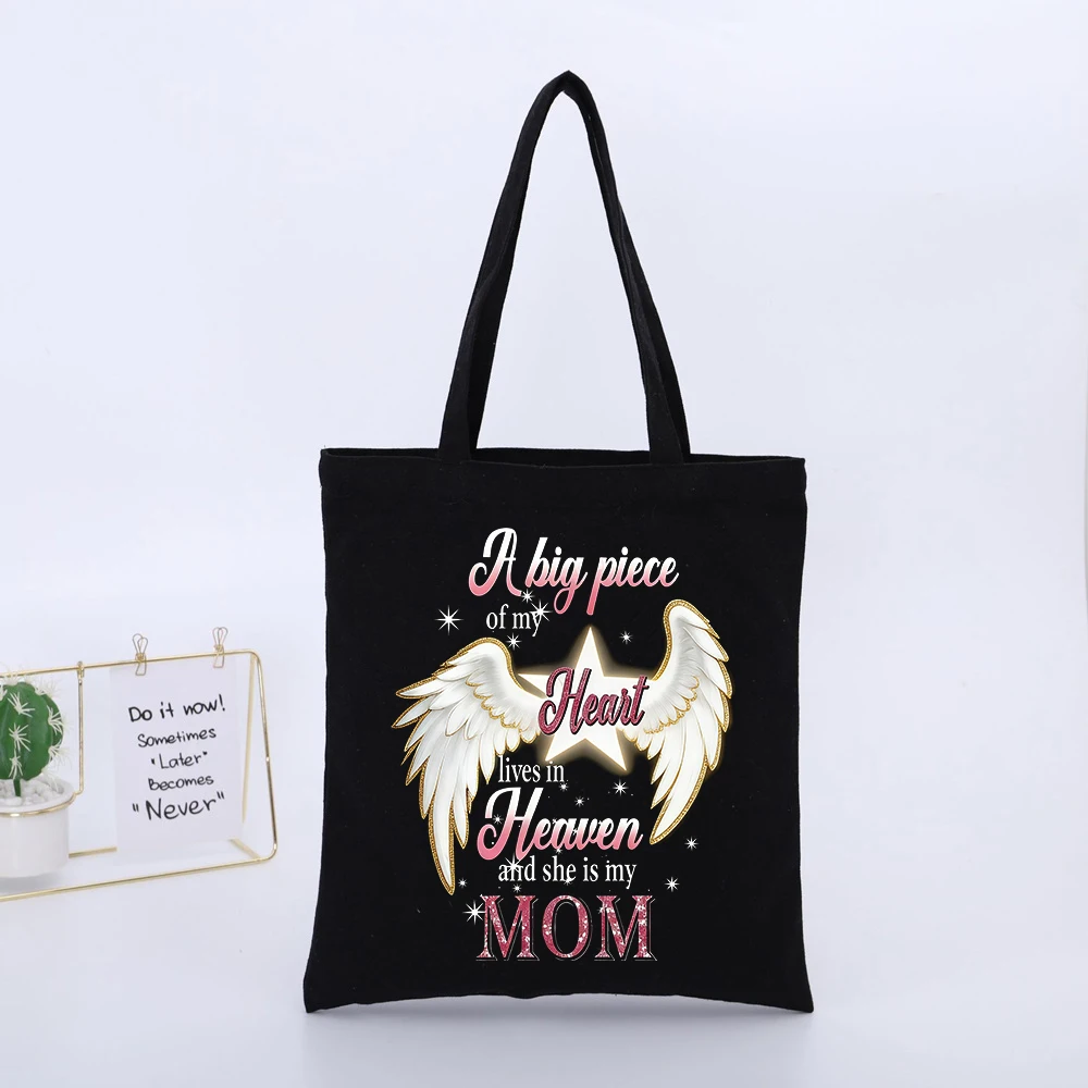 Angel Wings and Heart Typography Print Canvas Tote Bag, Casual Style for Daily Shopping