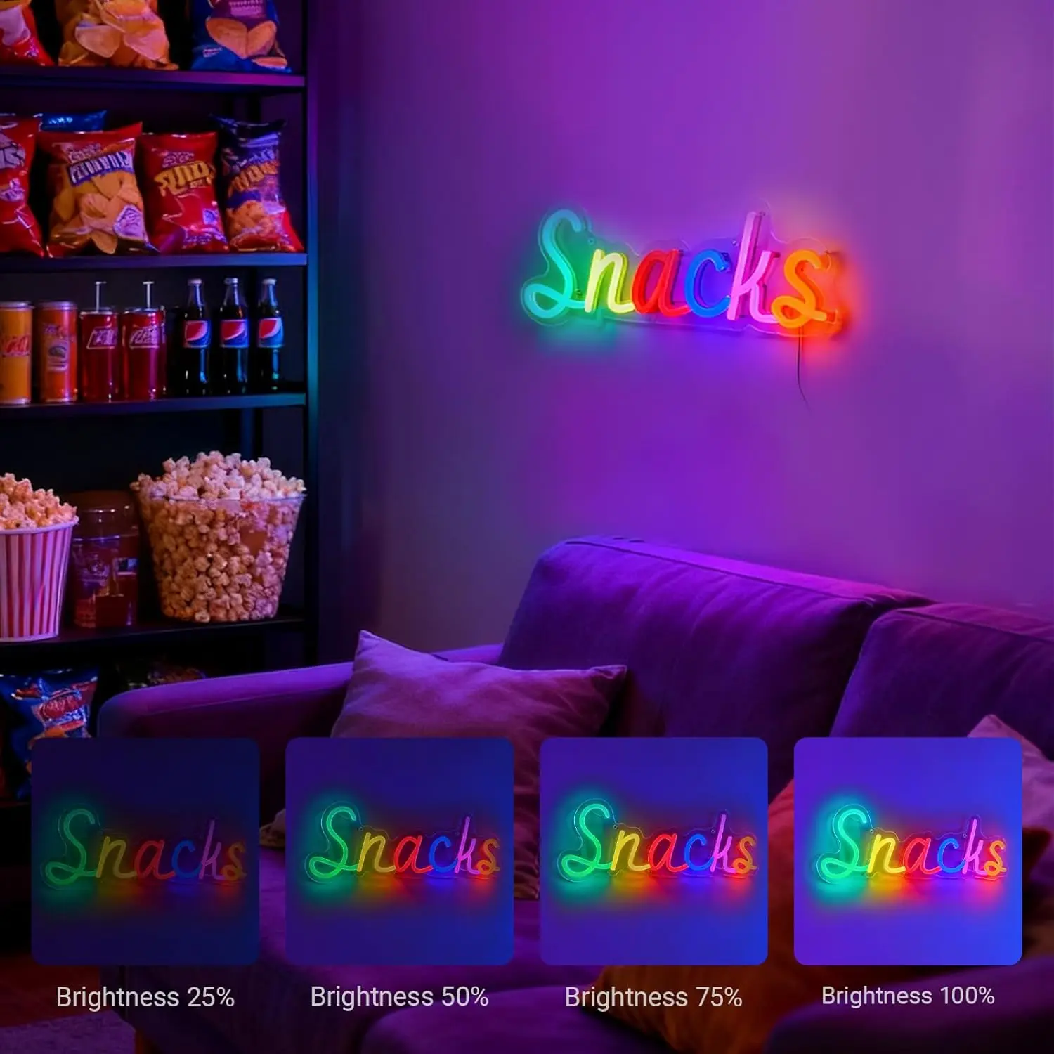Snacks Neon Sign, Snack Bar Sign voor Wall Decor, Candy Shop Movie Theater Decor, Dimbaar USB Powered Kleurrijk